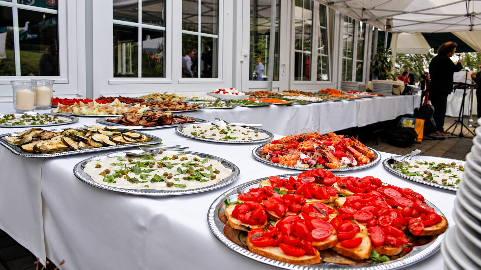 Festliches Buffet mit italienischen Vorspeisen und verschiedenen Platten an der Fensterfront